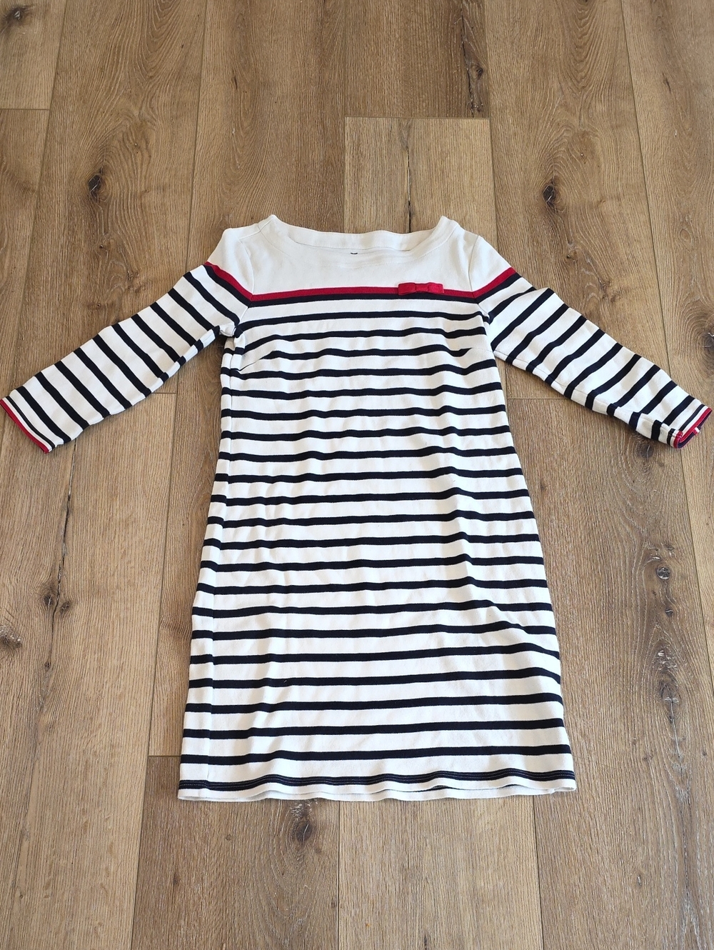 Talbots Sleeved Navy & White Striped Midi Dress with Red Accent Medium Petite